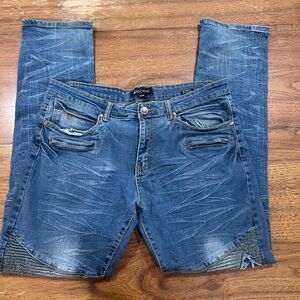 Rocawear Men’s Biker Moto Slim Skinny Distressed Blue Denim Jeans, Size 38W